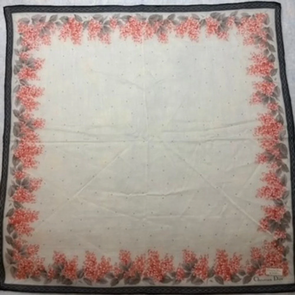 VTG CHRISTIAN DIOR Scarf Handkerchief Floral Polka Dot Cotton White Coral 18.5